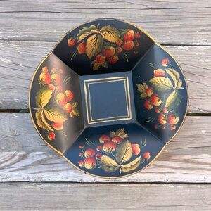 Vintage Toleware Tin Bowl Hand Painted Strawberries Black Lacquer Gold Folk Art
